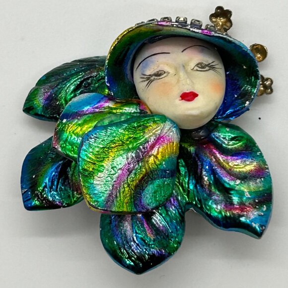 Vintage Art Deco Flapper Lady Brooch Pin Face Iridescent Rainbow 1980s Jewelry - Picture 11 of 12